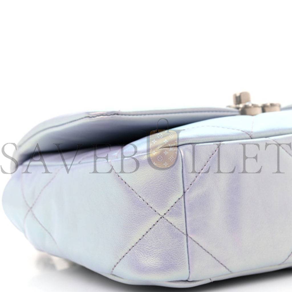 Ch*el iridescent calfskin quilted medium Ch*el 19 flap light silver purple blue as1160 (26*17*8cm)
